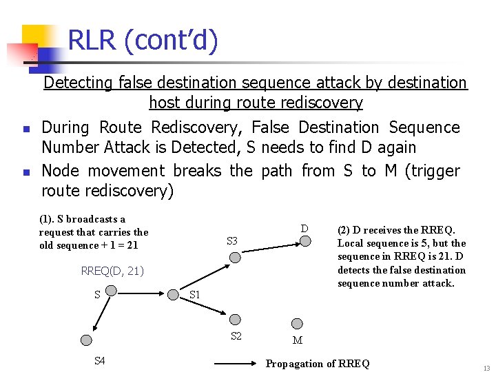 RLR (cont’d) Detecting false destination sequence attack by destination host during route rediscovery n