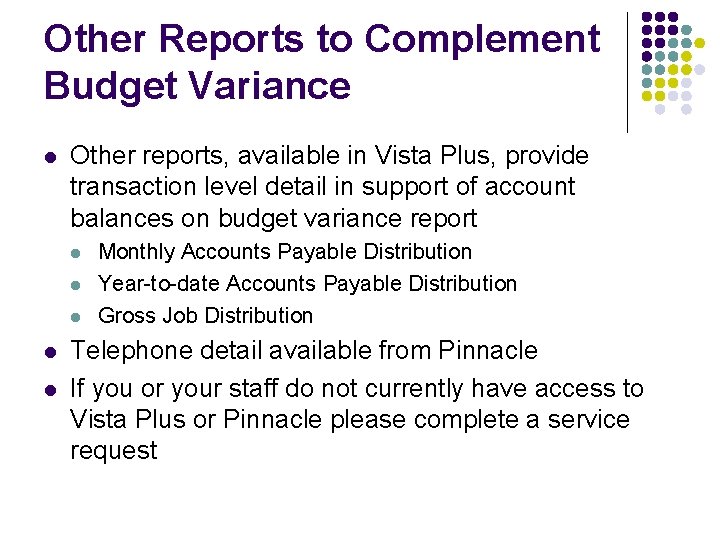 Other Reports to Complement Budget Variance l Other reports, available in Vista Plus, provide