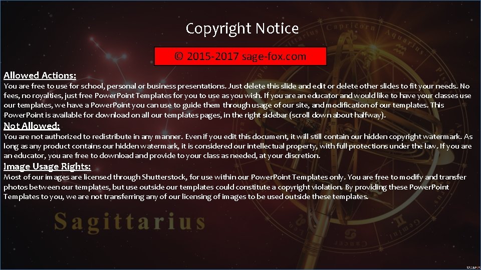 Copyright Notice © 2015 -2017 sage-fox. com Allowed Actions: You are free to use