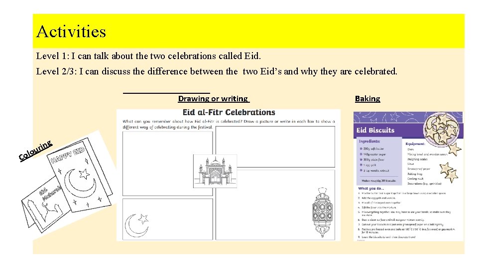 Activities Level 1: I can talk about the two celebrations called Eid. Level 2/3: