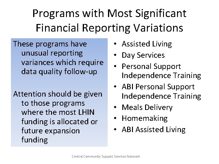 Programs with Most Significant Financial Reporting Variations These programs have unusual reporting variances which
