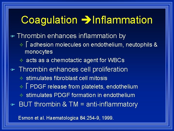 Coagulation Inflammation Thrombin enhances inflammation by adhesion molecules on endothelium, neutophils & monocytes acts