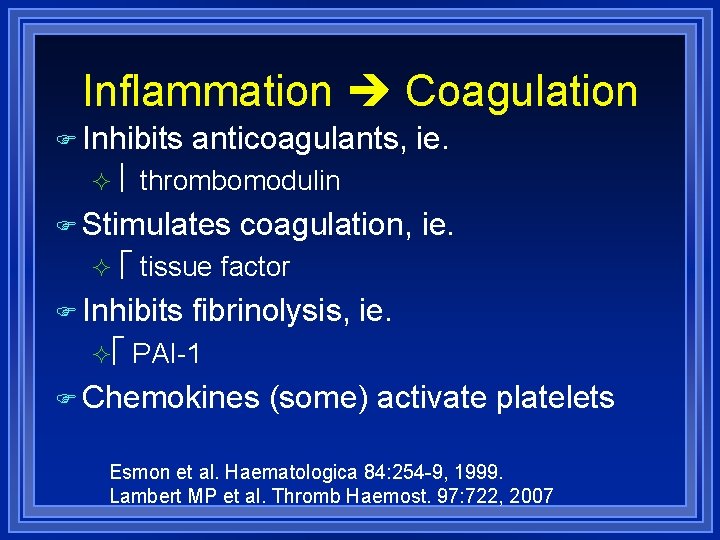 Inflammation Coagulation Inhibits anticoagulants, ie. thrombomodulin Stimulates coagulation, ie. tissue factor Inhibits fibrinolysis, ie.