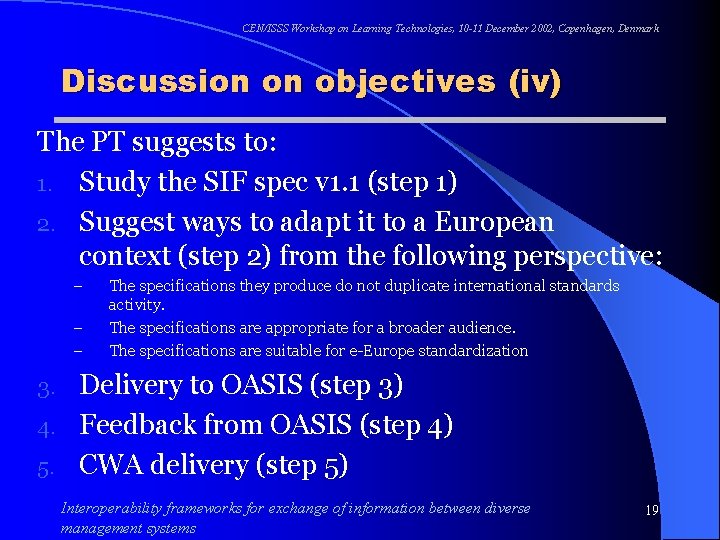 CEN/ISSS Workshop on Learning Technologies, 10 -11 December 2002, Copenhagen, Denmark Discussion on objectives