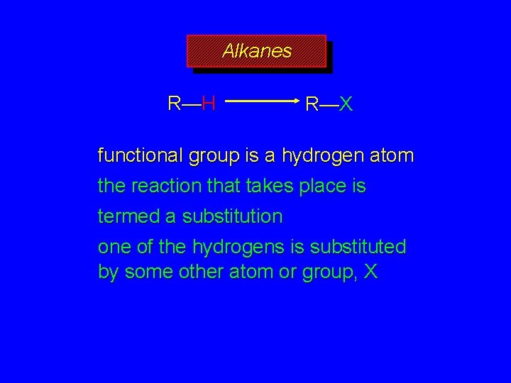 Alkanes R—H R—X functional group is a hydrogen atom the reaction that takes place