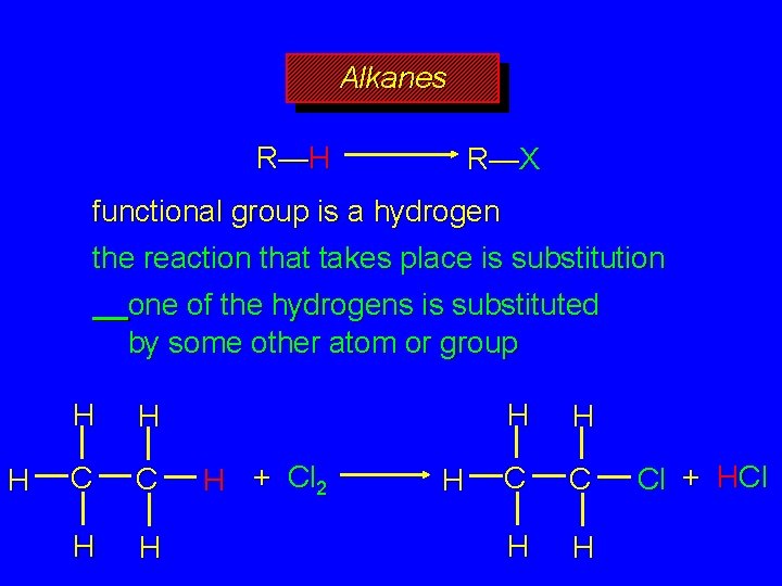 Alkanes R—H R—X functional group is a hydrogen the reaction that takes place is