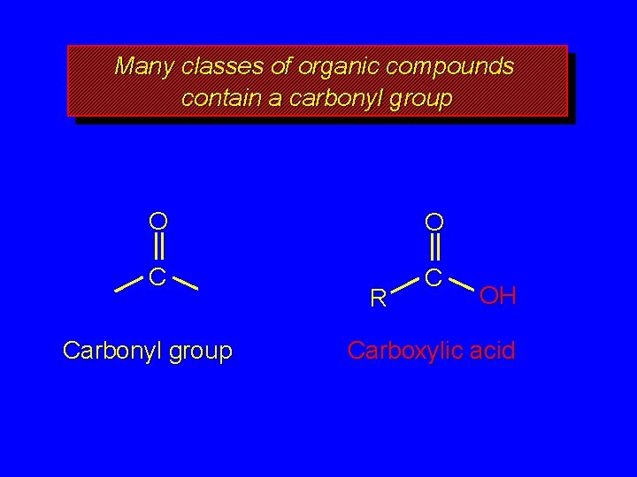 Many classes of organic compounds contain a carbonyl group O O C C Carbonyl