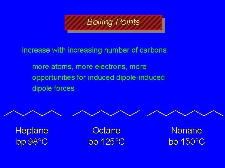 Boiling Points increase with increasing number of carbons more atoms, more electrons, more opportunities