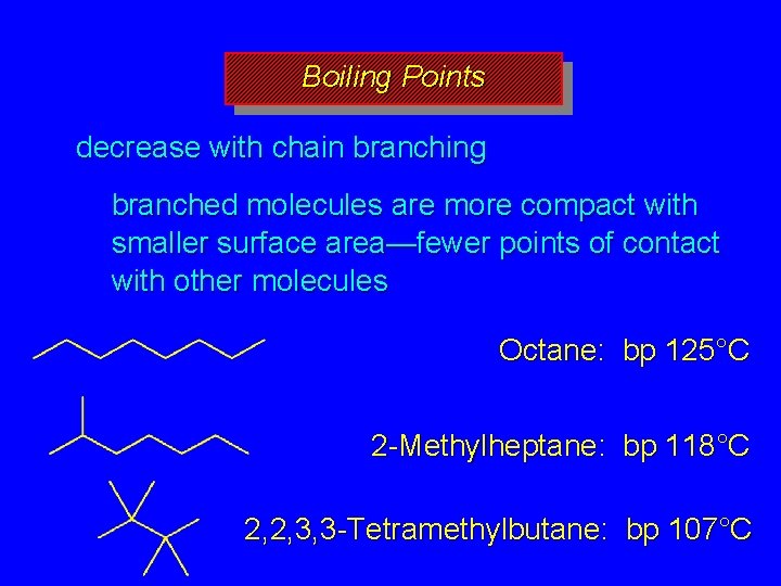 Boiling Points decrease with chain branching branched molecules are more compact with smaller surface