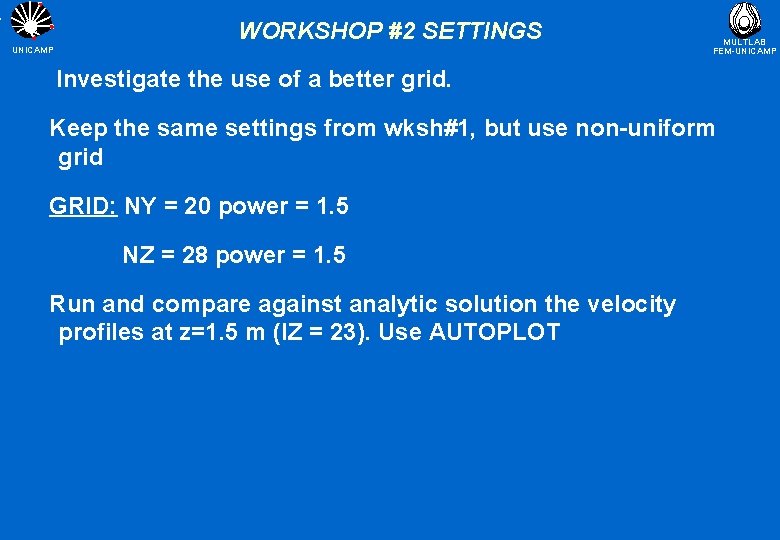 WORKSHOP #2 SETTINGS UNICAMP MULTLAB FEM-UNICAMP Investigate the use of a better grid. Keep