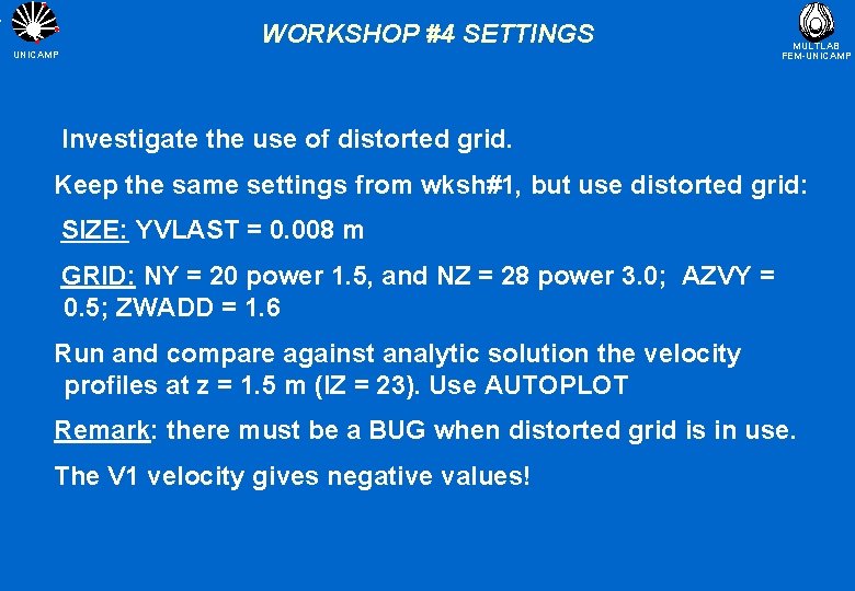 WORKSHOP #4 SETTINGS UNICAMP MULTLAB FEM-UNICAMP Investigate the use of distorted grid. Keep the