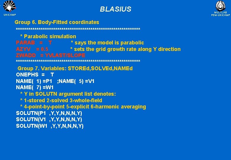 BLASIUS UNICAMP Group 6. Body-Fitted coordinates ****************************** * Parabolic simulation PARAB = T *