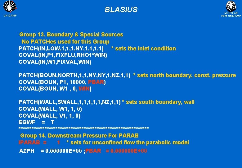 BLASIUS UNICAMP MULTLAB FEM-UNICAMP Group 13. Boundary & Special Sources No PATCHes used for