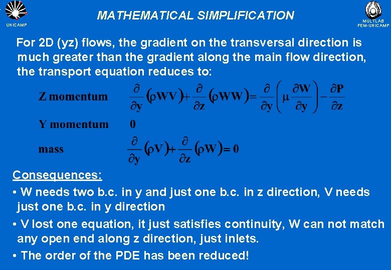 MATHEMATICAL SIMPLIFICATION UNICAMP MULTLAB FEM-UNICAMP For 2 D (yz) flows, the gradient on the