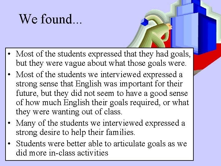 We found. . . • Most of the students expressed that they had goals,