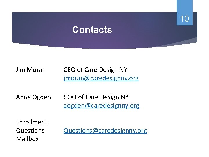 10 Contacts Jim Moran CEO of Care Design NY jmoran@caredesignny. org Anne Ogden COO