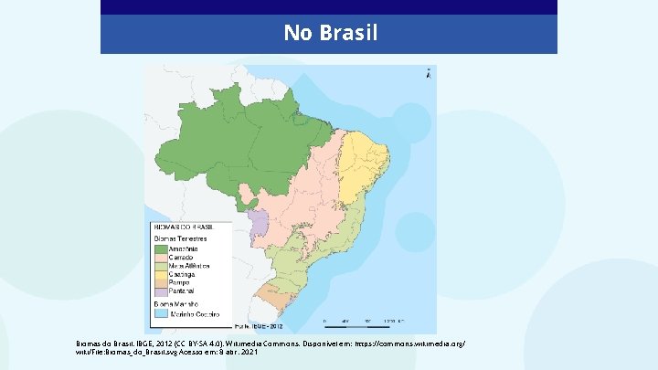 No Brasil Biomas do Brasil. IBGE, 2012 (CC BY-SA 4. 0). Wikimedia Commons. Disponível
