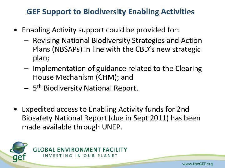 GEF Support to Biodiversity Enabling Activities • Enabling Activity support could be provided for:
