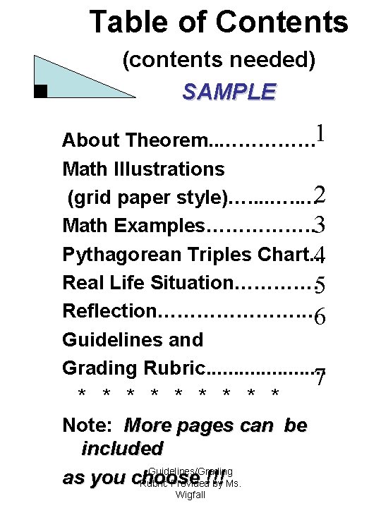 Table of Contents (contents needed) SAMPLE About Theorem. . …………… 1 Math Illustrations (grid