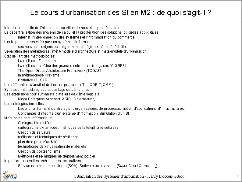 Le cours d'urbanisation des SI en M 2 : de quoi s'agit-il ? Introduction