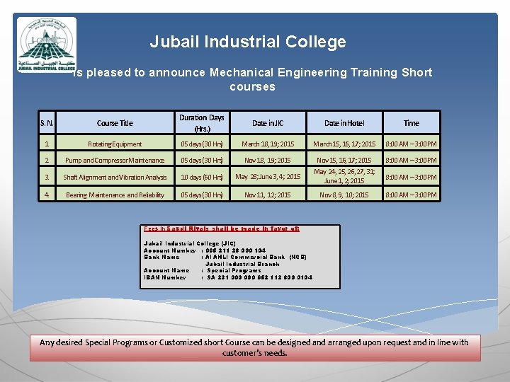 Jubail Industrial College is pleased to announce Mechanical Engineering Training Short courses S. N.