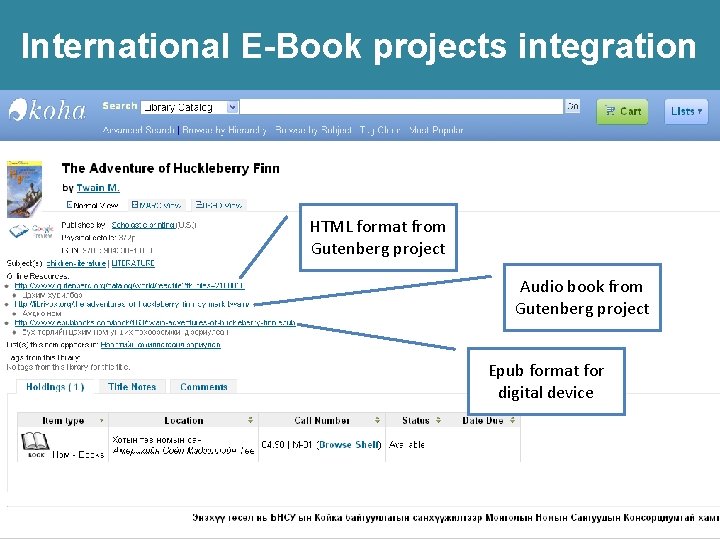 International E-Book projects integration HTML format from Gutenberg project Audio book from Gutenberg project