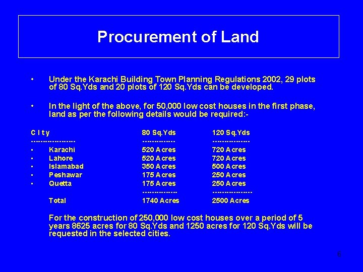 Procurement of Land • Under the Karachi Building Town Planning Regulations 2002, 29 plots