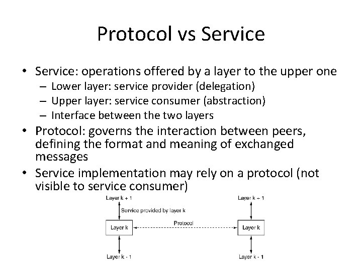 Protocol vs Service • Service: operations offered by a layer to the upper one