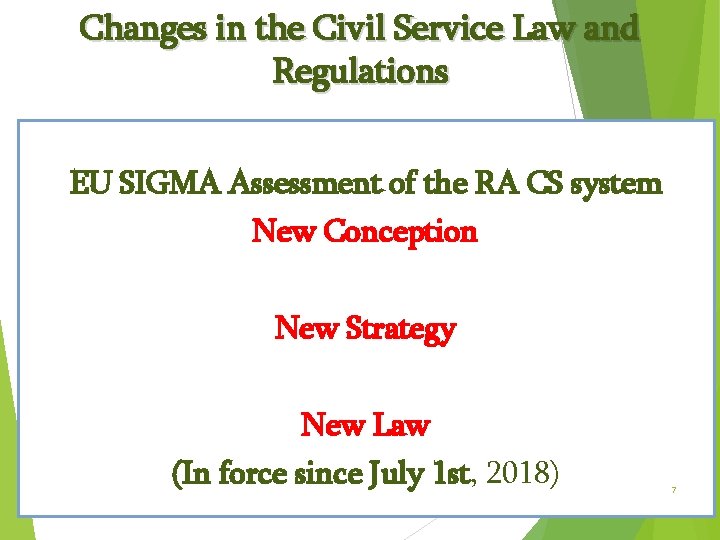 Changes in the Civil Service Law and Regulations EU SIGMA Assessment of the RA