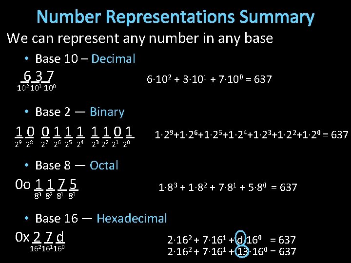 Number Representations Summary We can represent any number in any base • Base 10