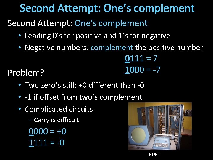 Second Attempt: One’s complement • Leading 0’s for positive and 1’s for negative •