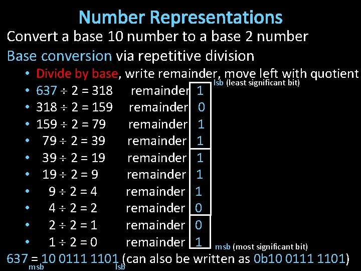 Number Representations Convert a base 10 number to a base 2 number Base conversion