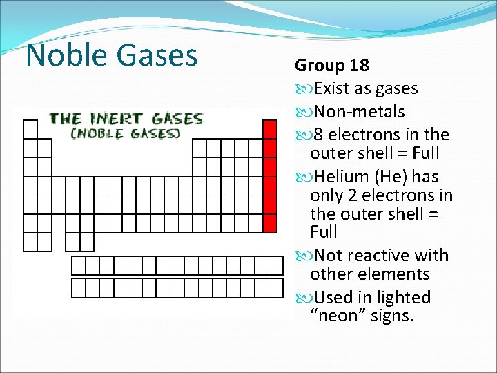 Noble Gases Group 18 Exist as gases Non-metals 8 electrons in the outer shell