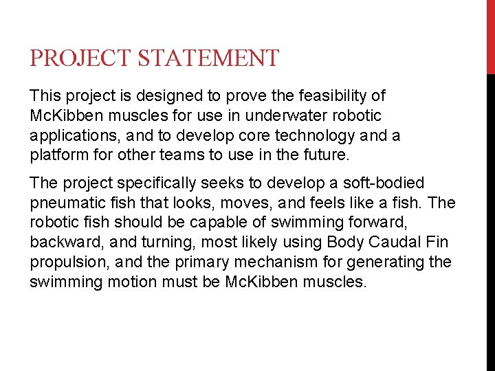 PROJECT STATEMENT This project is designed to prove the feasibility of Mc. Kibben muscles