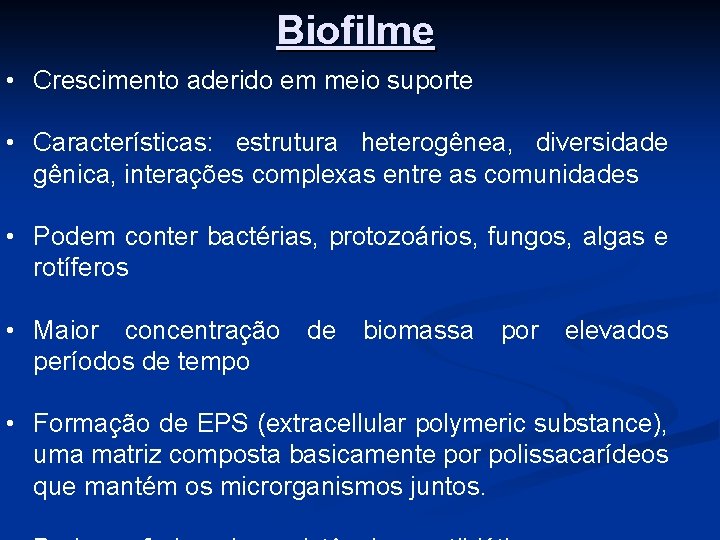 Biofilme • Crescimento aderido em meio suporte • Características: estrutura heterogênea, diversidade gênica, interações