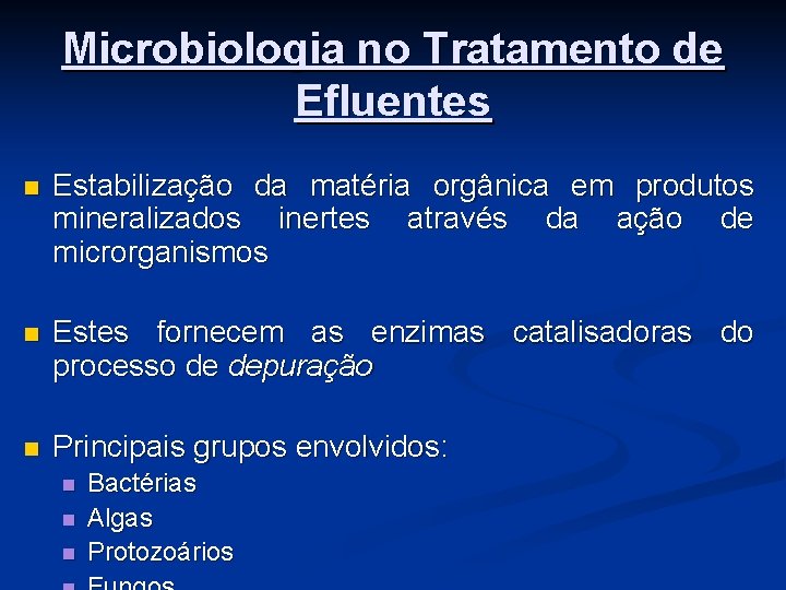 Microbiologia no Tratamento de Efluentes n Estabilização da matéria orgânica em produtos mineralizados inertes