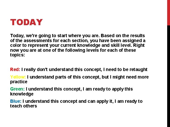 TODAY Today, we're going to start where you are. Based on the results of