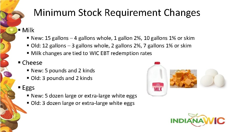 Minimum Stock Requirement Changes § Milk § New: 15 gallons – 4 gallons whole,