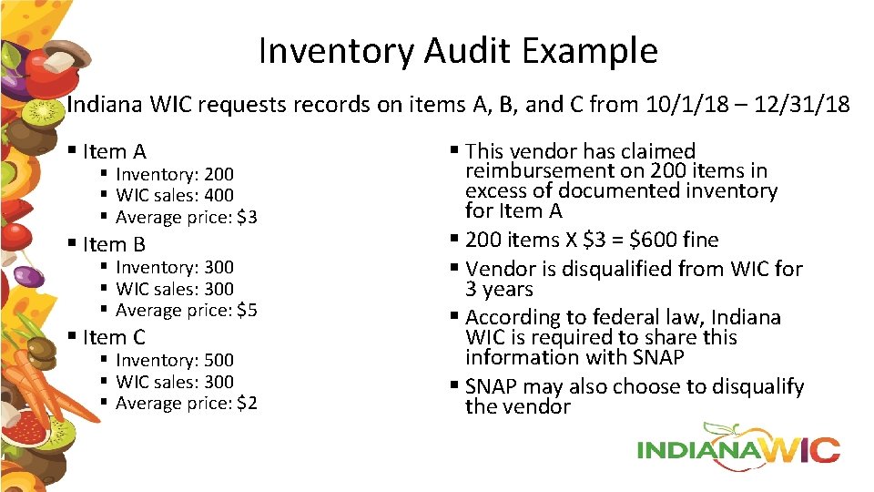 Inventory Audit Example Indiana WIC requests records on items A, B, and C from