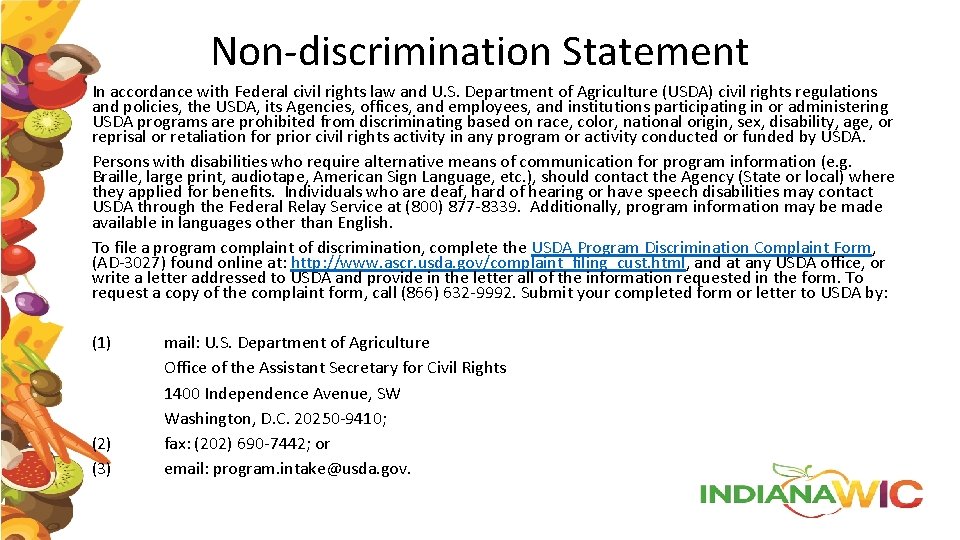 Non-discrimination Statement In accordance with Federal civil rights law and U. S. Department of