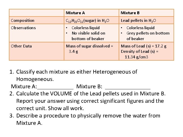 Mixture A . Mixture B Composition C 12 H 22 O 11(sugar) in H