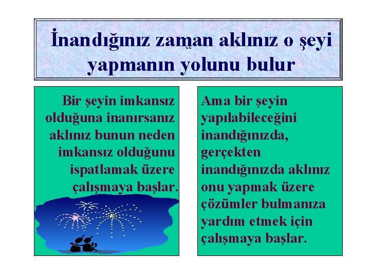 İnandığınız zaman aklınız o şeyi “ yapmanın yolunu bulur Bir şeyin imkansız olduğuna inanırsanız