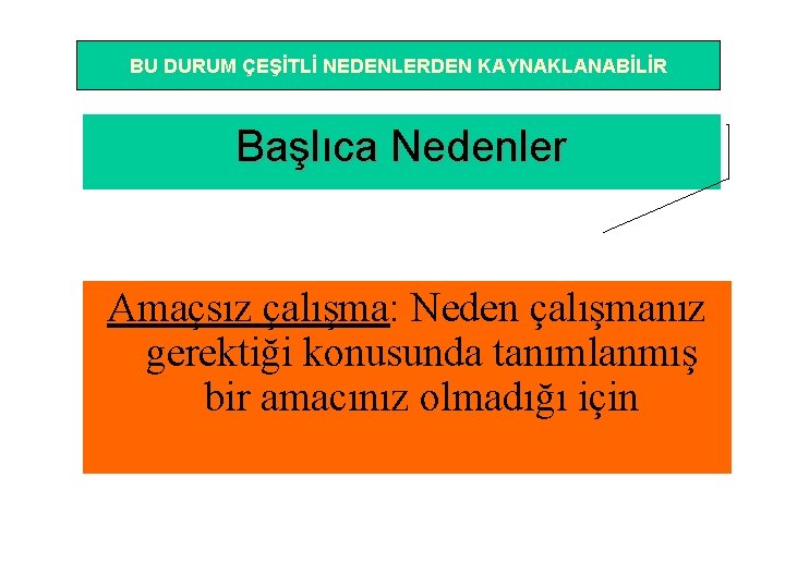 BU DURUM ÇEŞİTLİ NEDENLERDEN KAYNAKLANABİLİR Başlıca Nedenler Amaçsız çalışma: Neden çalışmanız gerektiği konusunda tanımlanmış