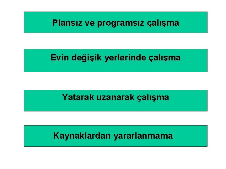 Plansız ve programsız çalışma Evin değişik yerlerinde çalışma Yatarak uzanarak çalışma Kaynaklardan yararlanmama 