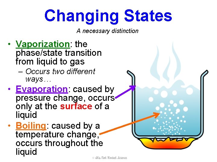 Changing States A necessary distinction • Vaporization: the phase/state transition from liquid to gas
