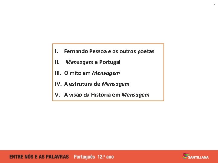 4 I. Fernando Pessoa e os outros poetas II. Mensagem e Portugal III. O