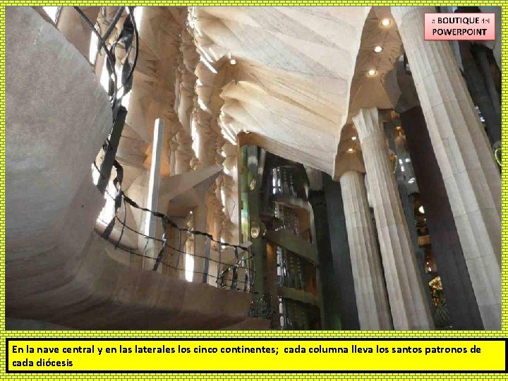 En la nave central y en las laterales los cinco continentes; cada columna lleva