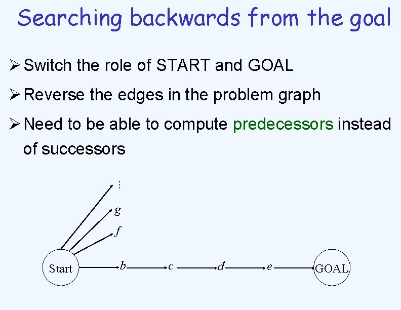 Searching backwards from the goal Ø Switch the role of START and GOAL Ø