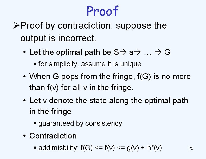 Proof ØProof by contradiction: suppose the output is incorrect. • Let the optimal path