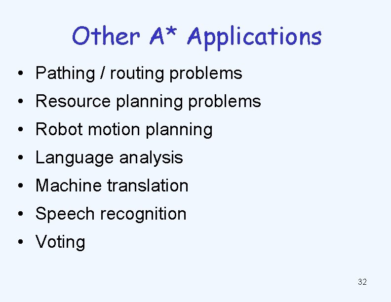 Other A* Applications • Pathing / routing problems • Resource planning problems • Robot